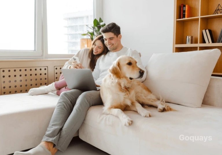 A happy dog sitting beside its owner on a cozy sofa (2)