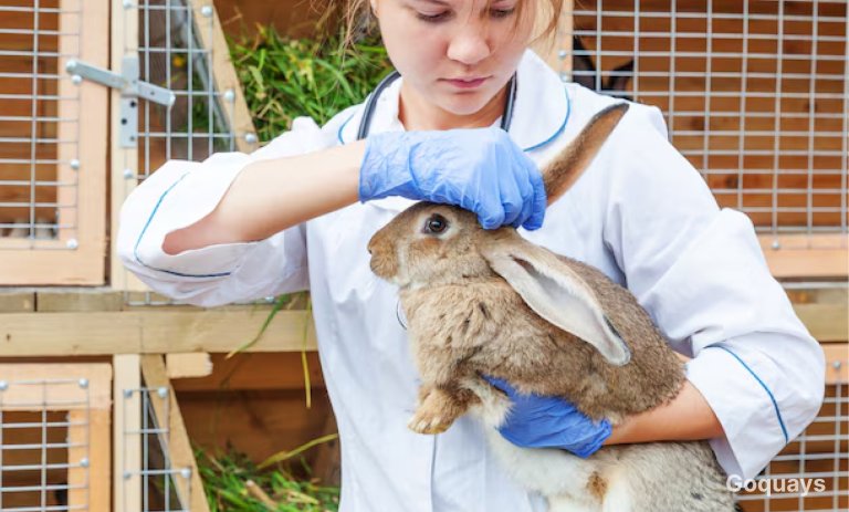 Image of a happy rabbit sitting comfortably on its owner's lap with a vet in the background
