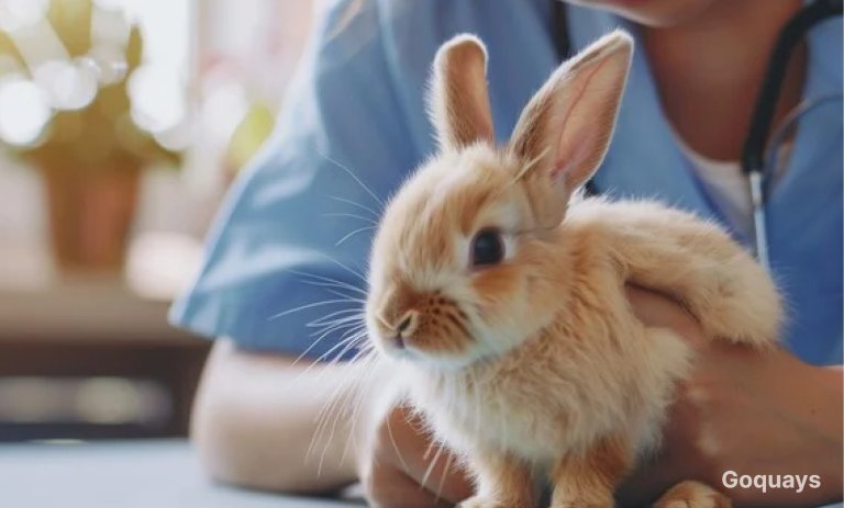 A happy, healthy rabbit being examined by a veterinarian