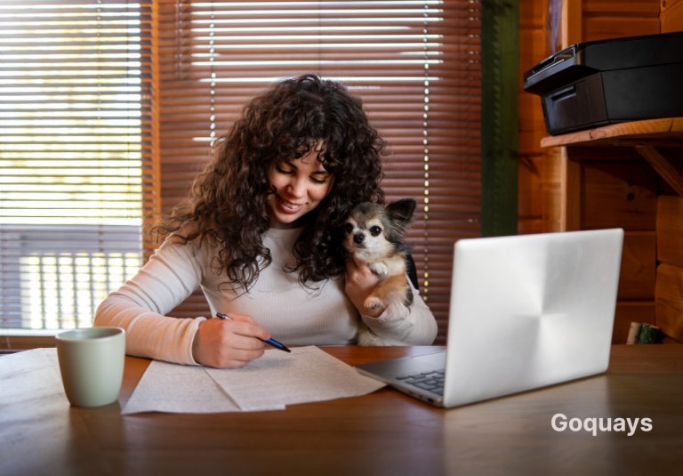 A pet owner with a thoughtful expression, looking at their dog and a document